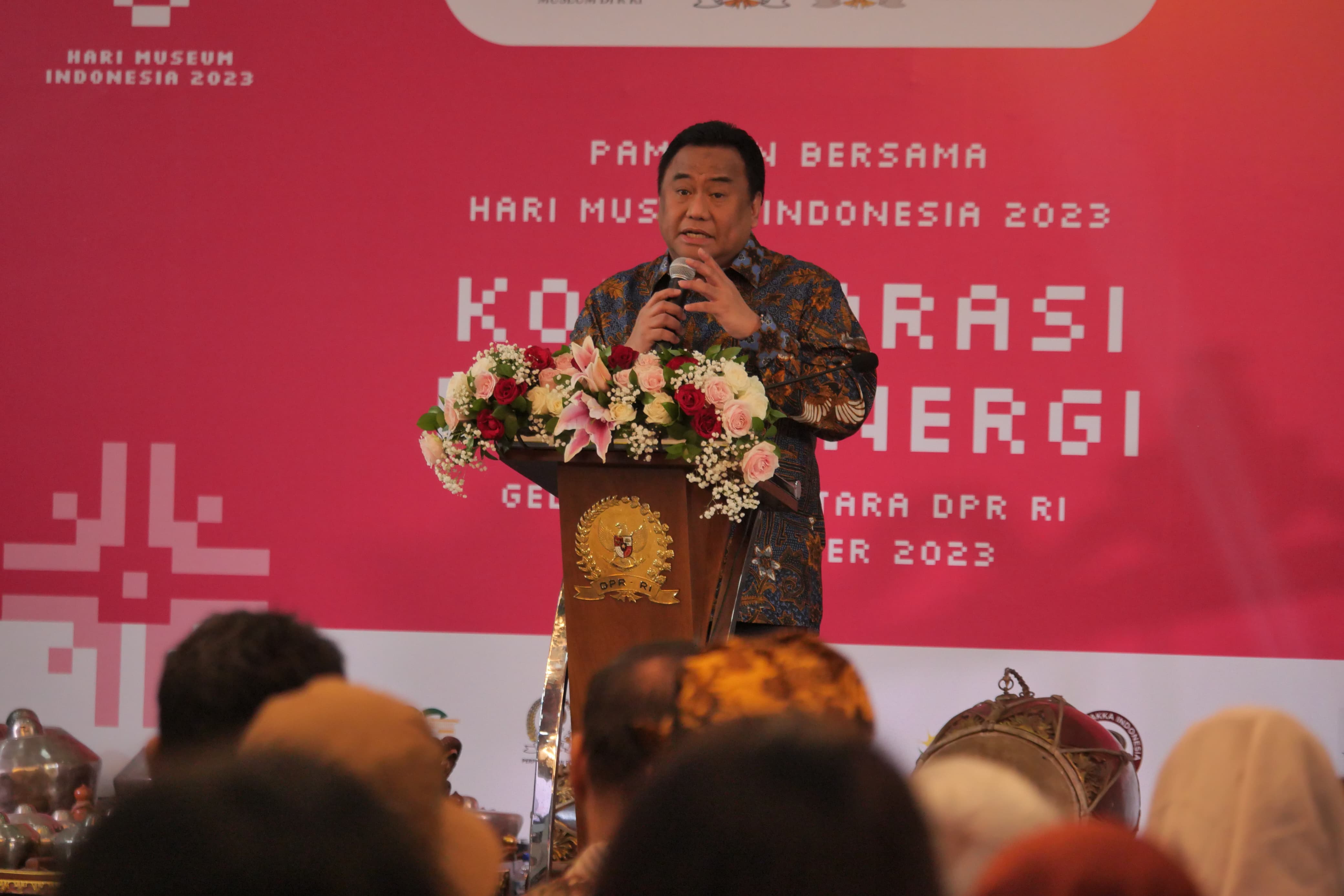 Wakil Ketua DPR RI Bidang Korinbang Rachmat Gobel memberi sambutan dalam Pameran Bersama Hari Museum Indonesia 2023.