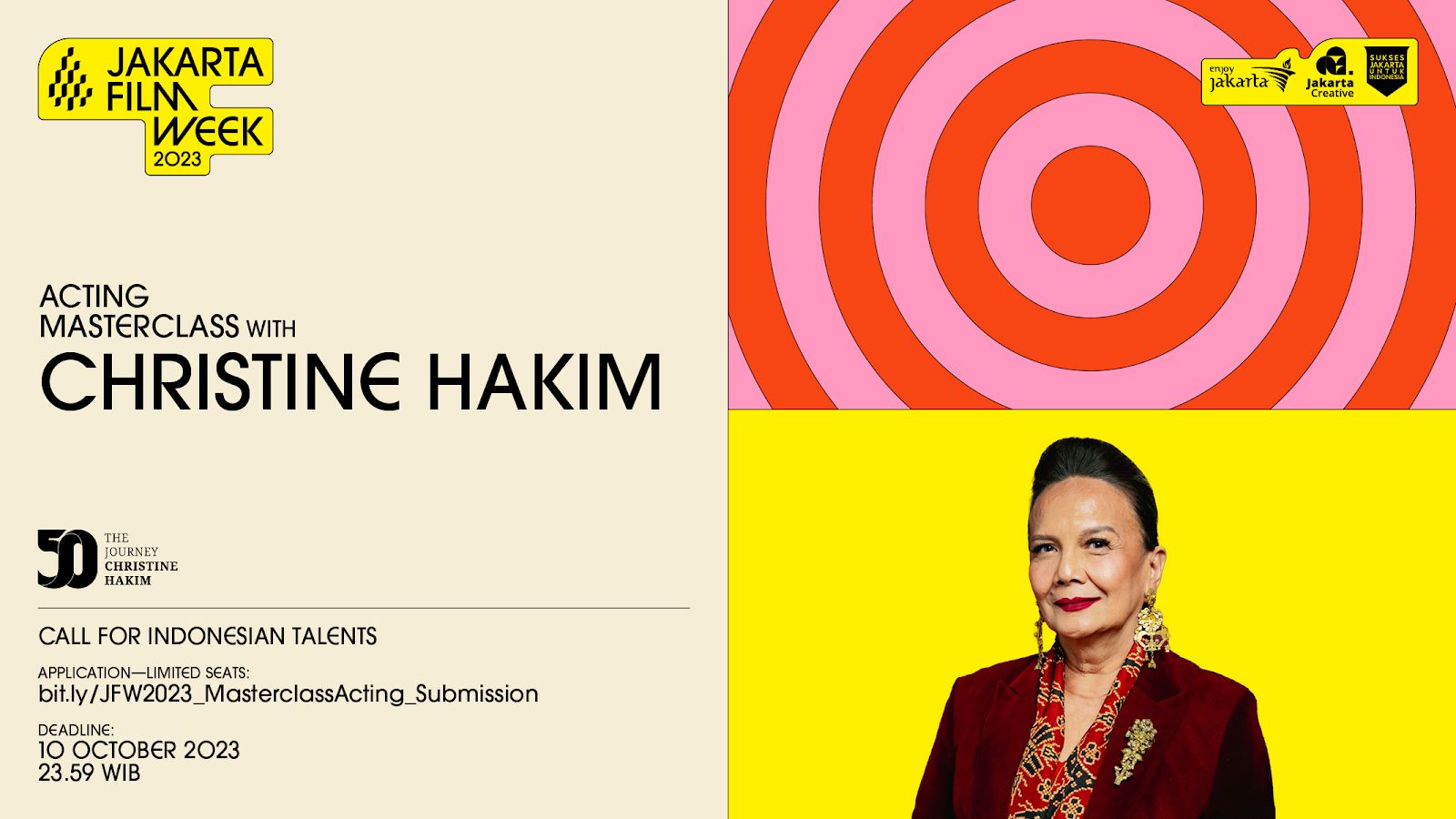 Kelas Acting Masterclass bersama Christine Hakim diselenggarakan Jakarta Film Week 2023 dan direncanakan berlangsung 28 Oktober 2023.