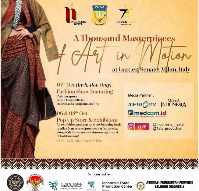 Provinsi Papua dan Banjarmasin mempersembahkan warisan budaya Indonesia, Batik, di di Taman Senato, Via Senato No.4, Milan, Italia.