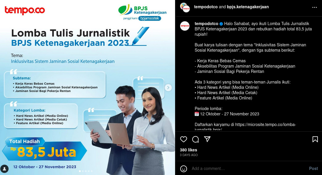 Unggahan Instagram BPJS Ketenagakerjaan tentang lomba karya tulis jurnalistik.