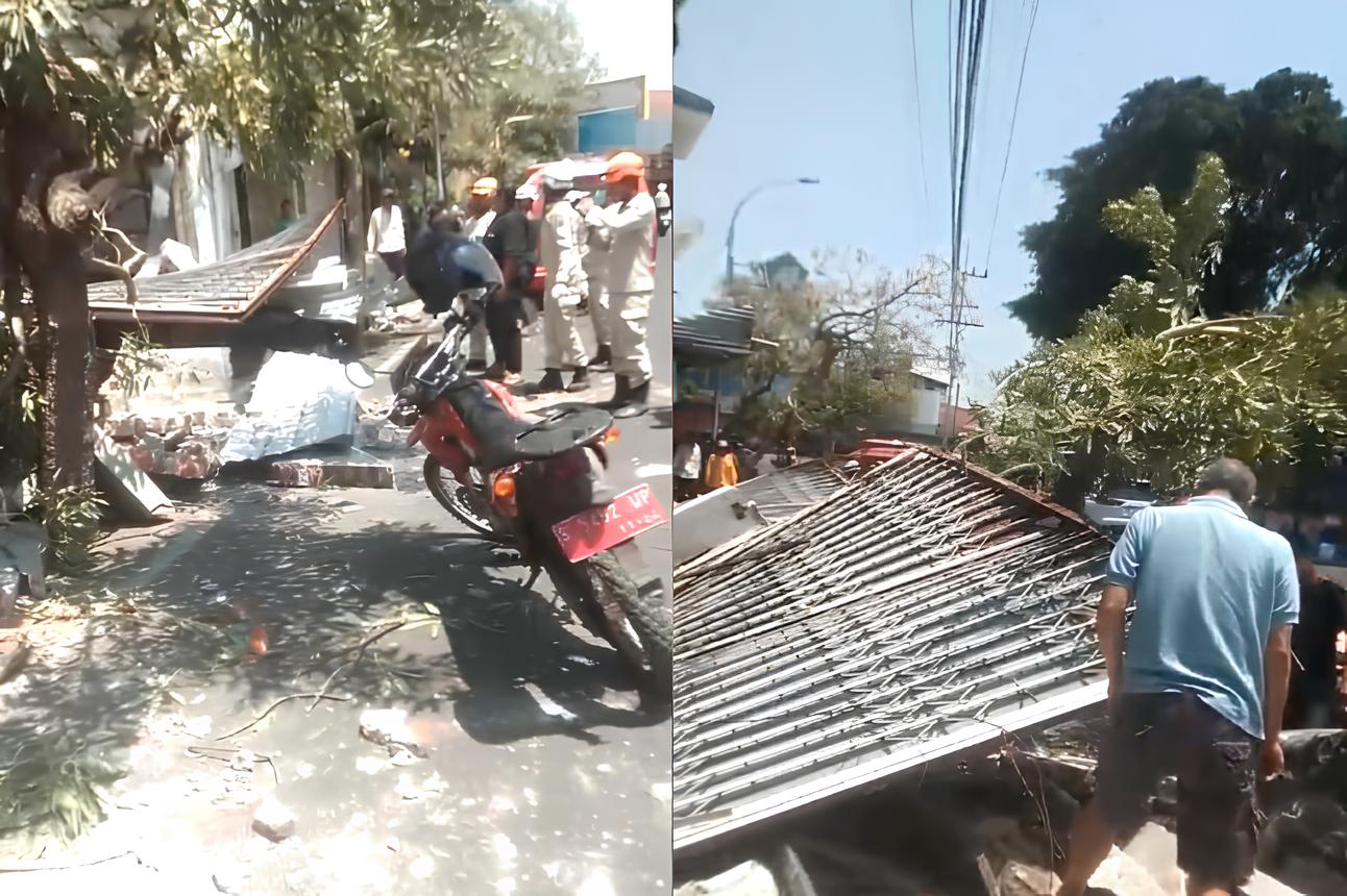 Bangunan tembok yang roboh dan menimpa tukang becak di Jombang, Jawa Timur.