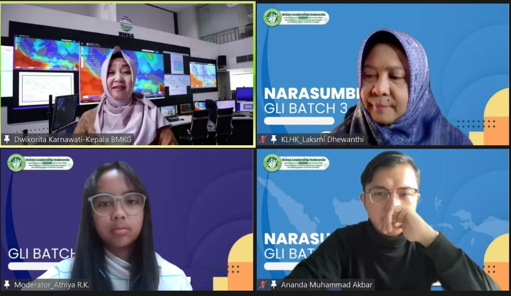 Kepala BMKG Dwikorita Karnawati (kiri atas) saat menjadi pembicara secara daring pada program pendidikan Green Leadership Indonesia (GLI).