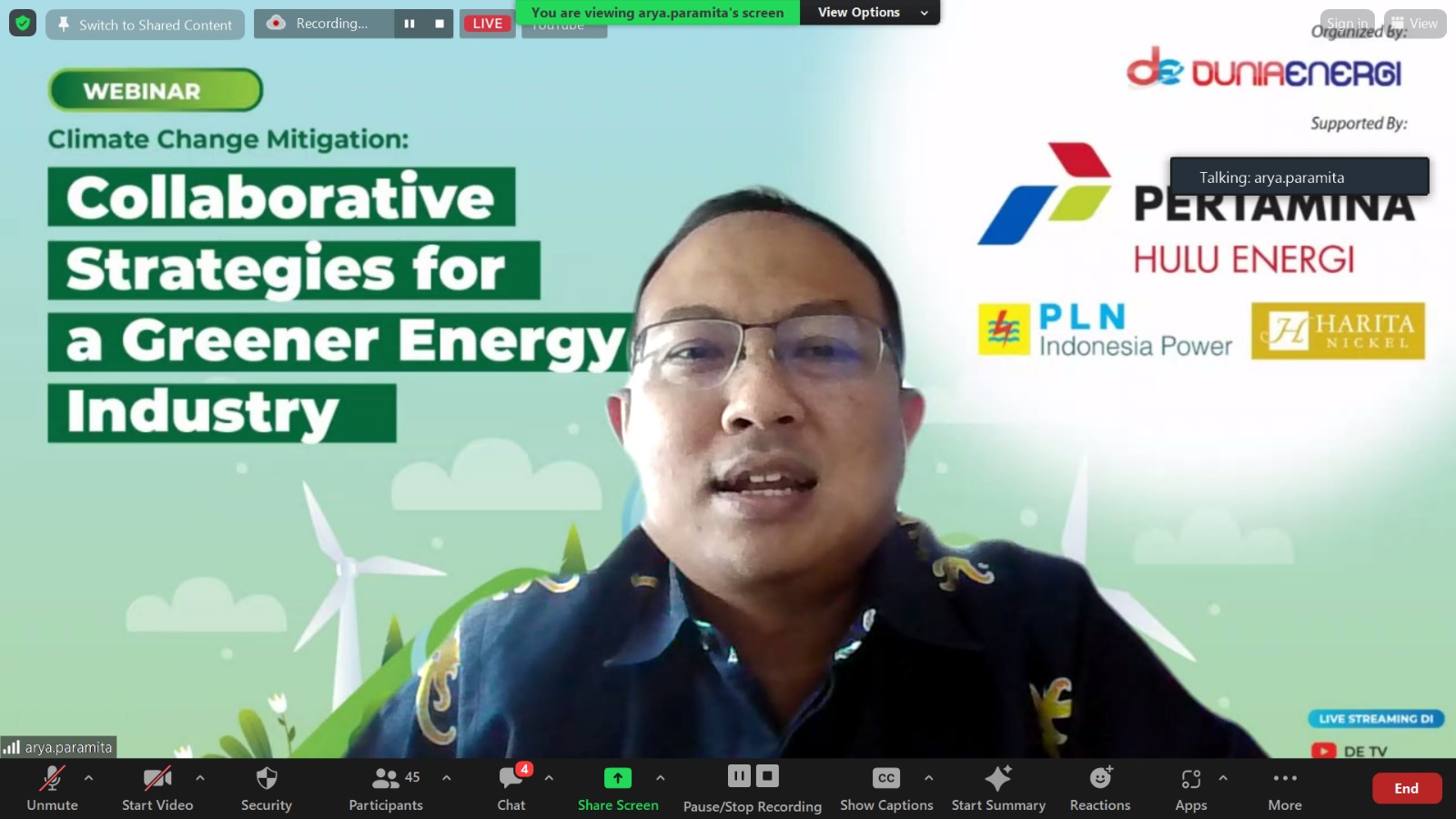 Tangkapan layar Arya Dwi Paramita, Sekretaris Perusahaan PHE saat diskusi mengenai climate change mitigation.