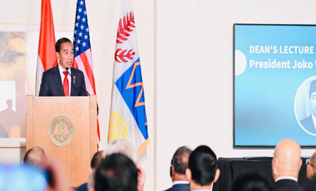 Presiden Joko Widodo memberikan kuliah umum di Stanford University, San Fransisco, Amerika Serikat, pada Rabu, (15/11).