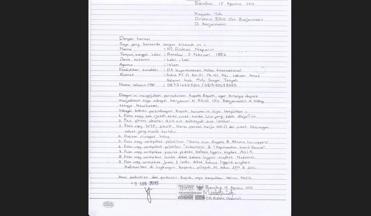 Contoh surat lamaran kerja tulisan tangan