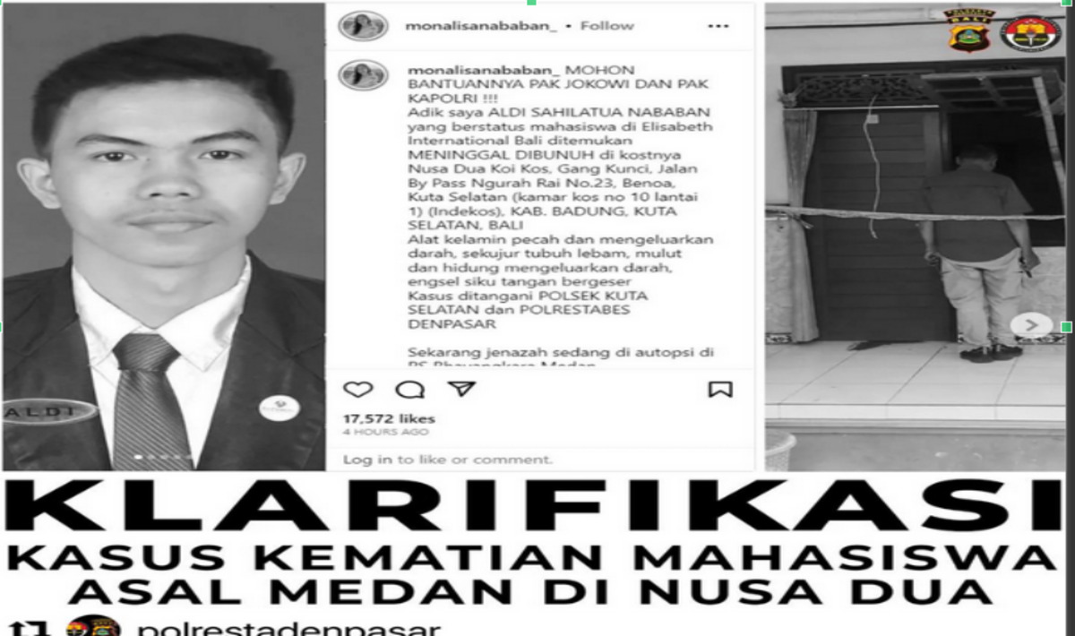 Unggahan Akun Ni Luh Djelantik soal kematian Aldi, mahasiwa asal Medan di Badung, Bali.