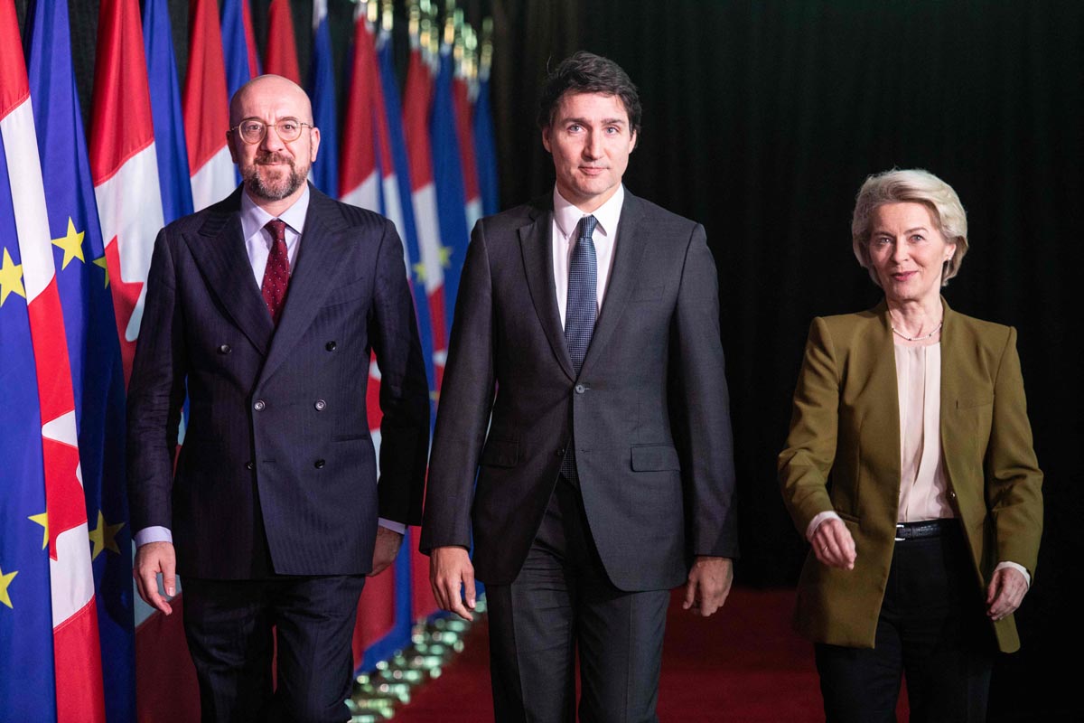 President Dewan Eropa, Charles Michel, PM Kanada, Justin Trudeau dan Presiden Komisi Eropa, Ursula