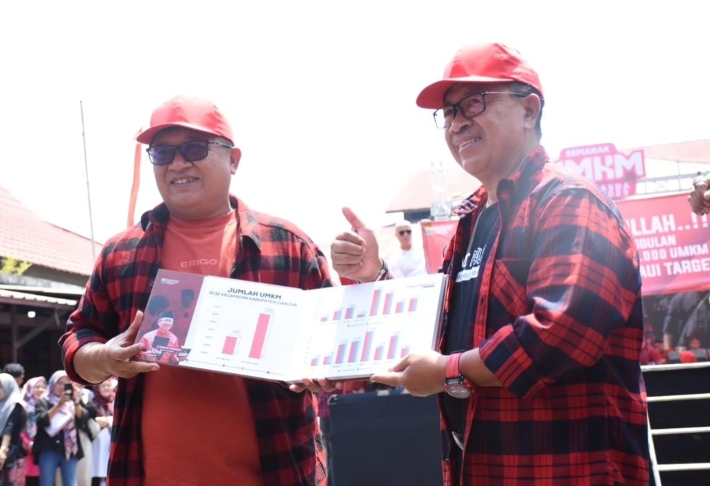 Bupati Cianjur Herman Suherman dan Kepala Dinas UMKM Komarudin memperlihatkan data UMKM