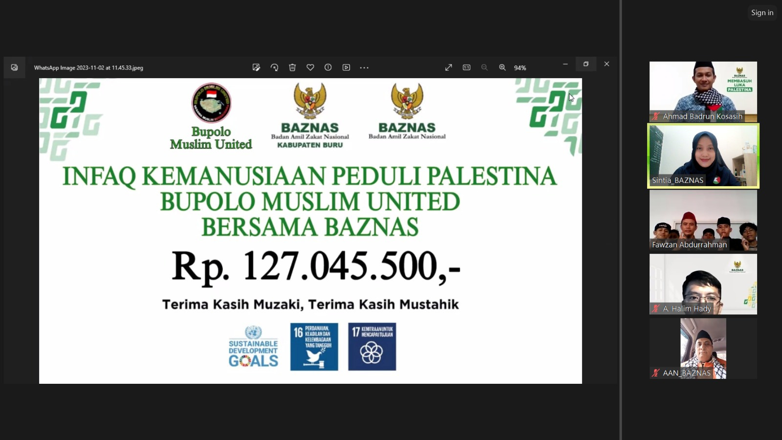 Bupolo Muslim United memberikan bantuan bagi rakyat Palestina melalui Baznas.
