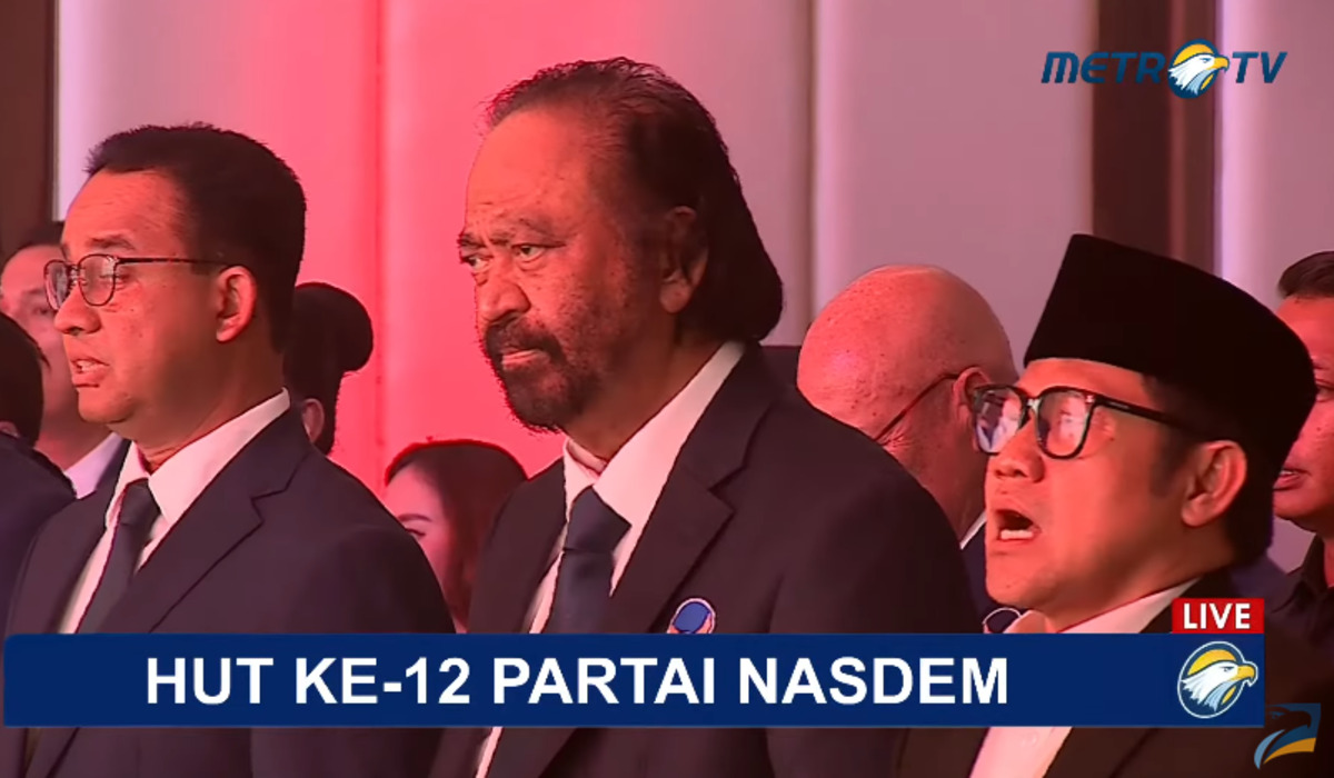 Anies Baswedan, Surya Paloh, dan Muhaimin Iskandar di HUT Partai NasDem.