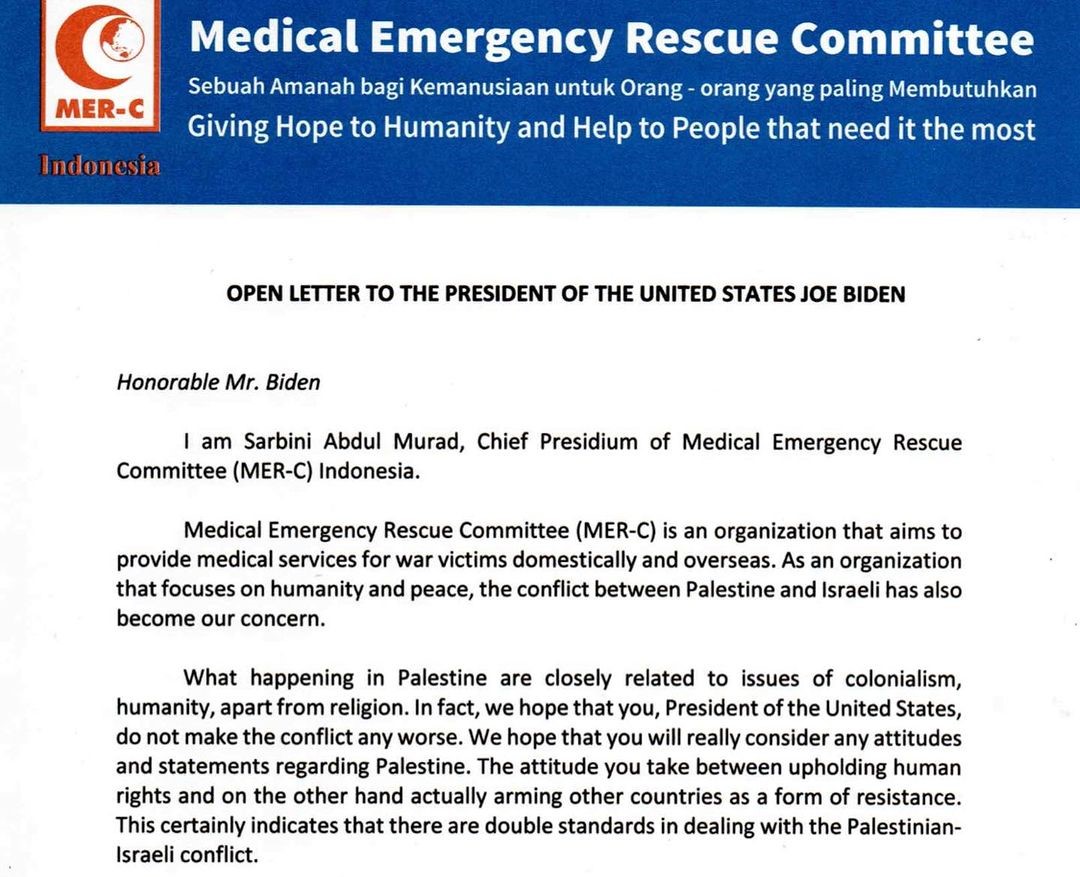 Surat terbuka MER-C Indonesia untuk Joe Biden.