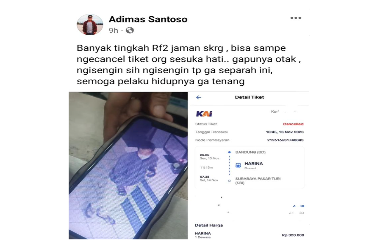 Kabar pembatalan tiket KAI secara sepihak viral di Facebook Adimas Santoso, pada Senin (13/11) malam.