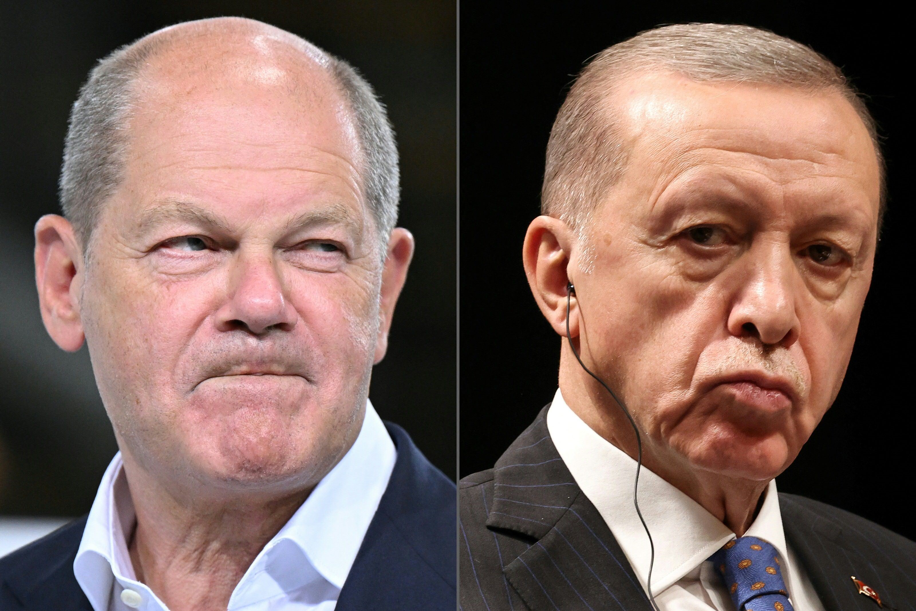 Kanselir Jerman Olaf Scholz (kiri) dan Presiden Turki Recep Tayyip Erdogan.