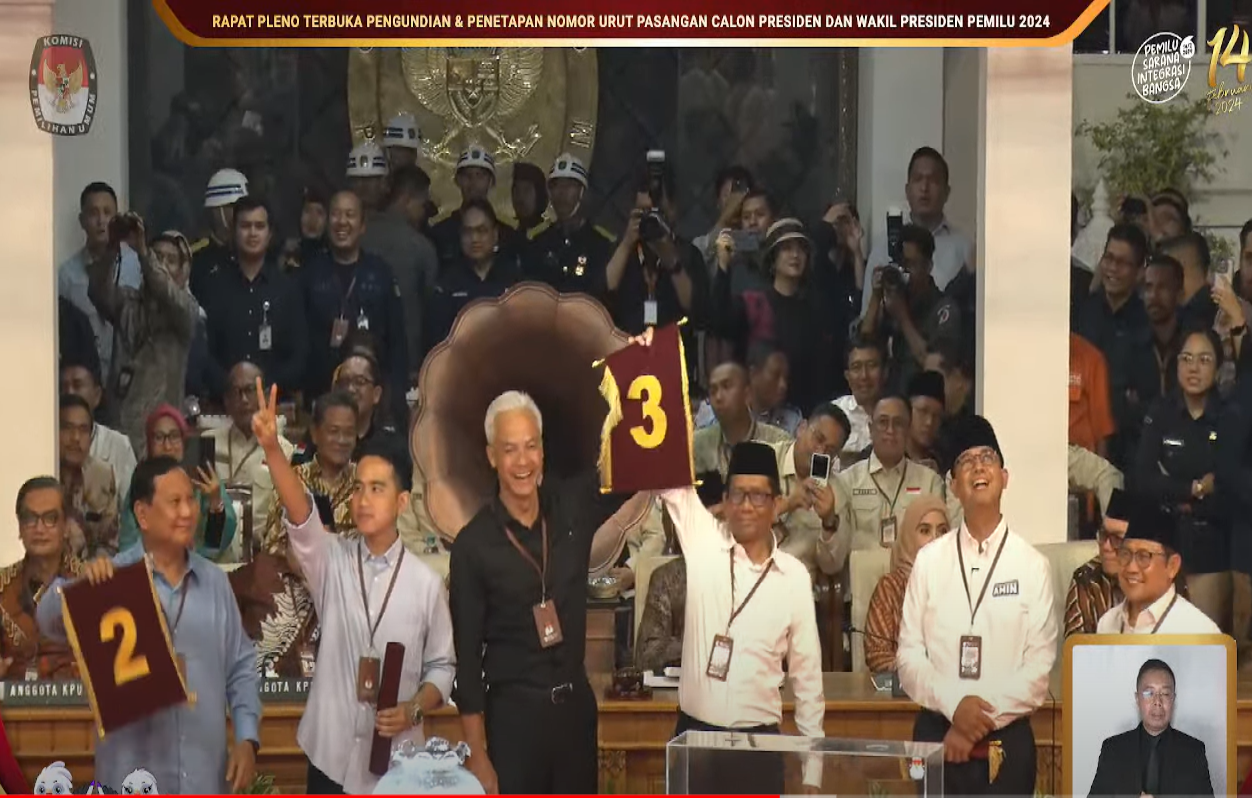 Tiga pasang calon kandidat capres-cawapres saat pengundian nomor urut Pilpres 2024.