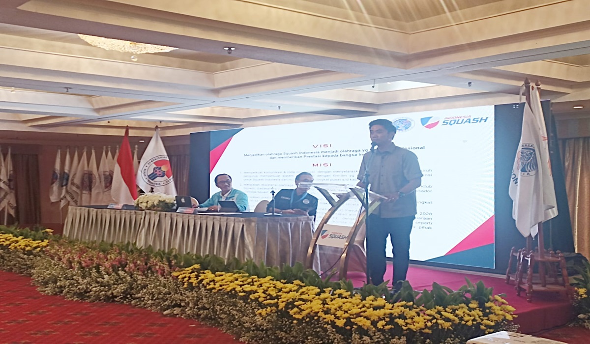 Alvin Kennedy saat menyampaikan sambutan usai terpilih menjadi Ketua Umum Squash Indonesia.