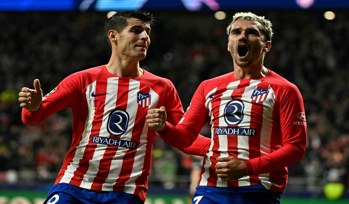 Duet penyerang Atletico Madrid Antoine Griezmann (kanan) dan Alvaro Morata melakukan selebrasi usai menjebol gawang Celtic.