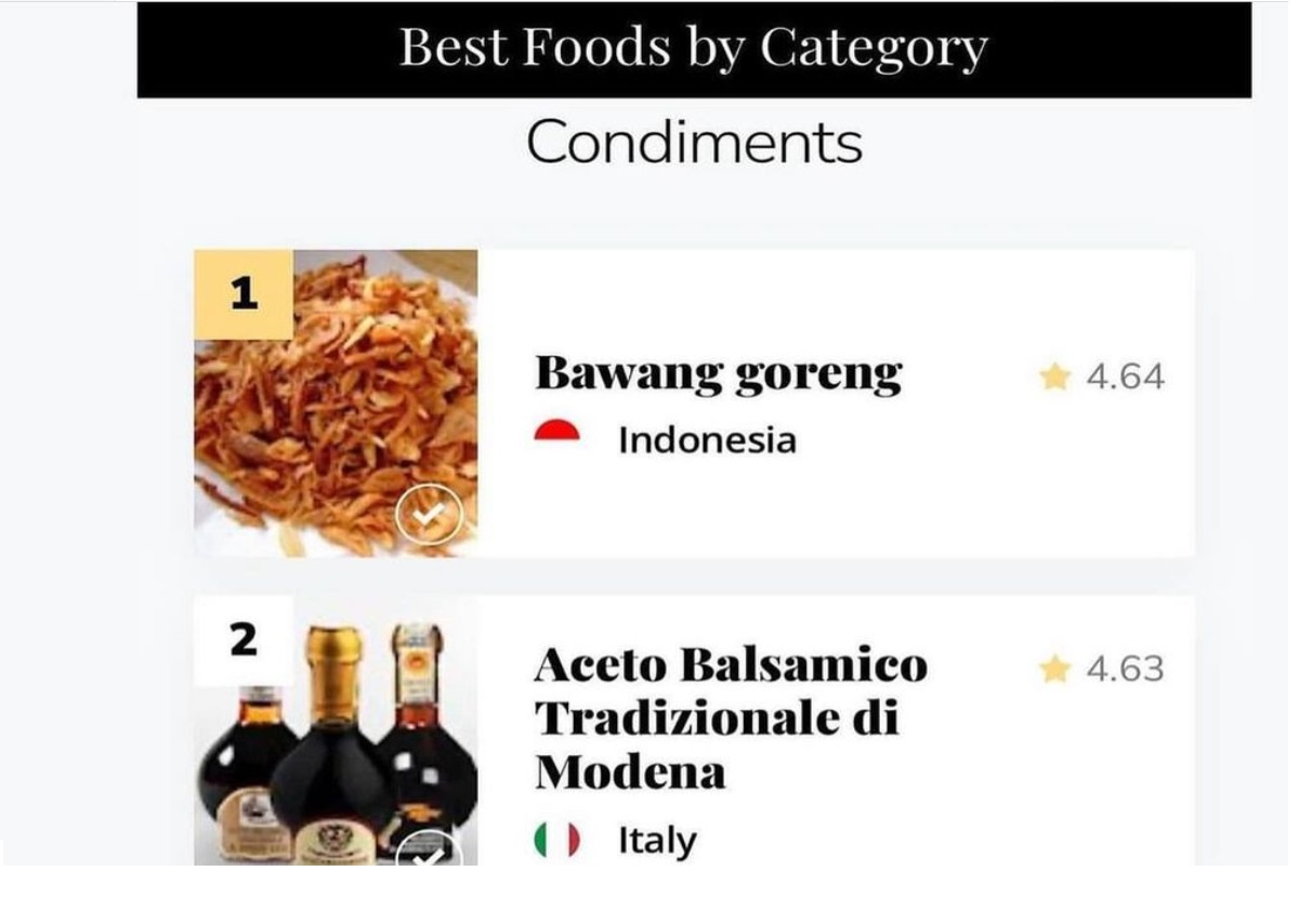Bawang goreng Indonesia mengalahkan cuka Aceto Balsamico di Modena, garam laut Inggris, dan mustard Jerman.