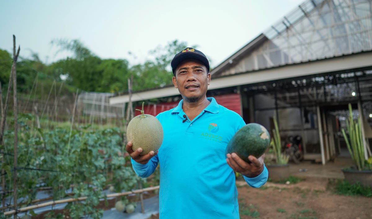 Ratim Suprianto, petani asal Desa Macan Tanggar, NTT memperlihatkan hasil panen buah yang mengunakan teknologi  elektrifikasi pertanian.