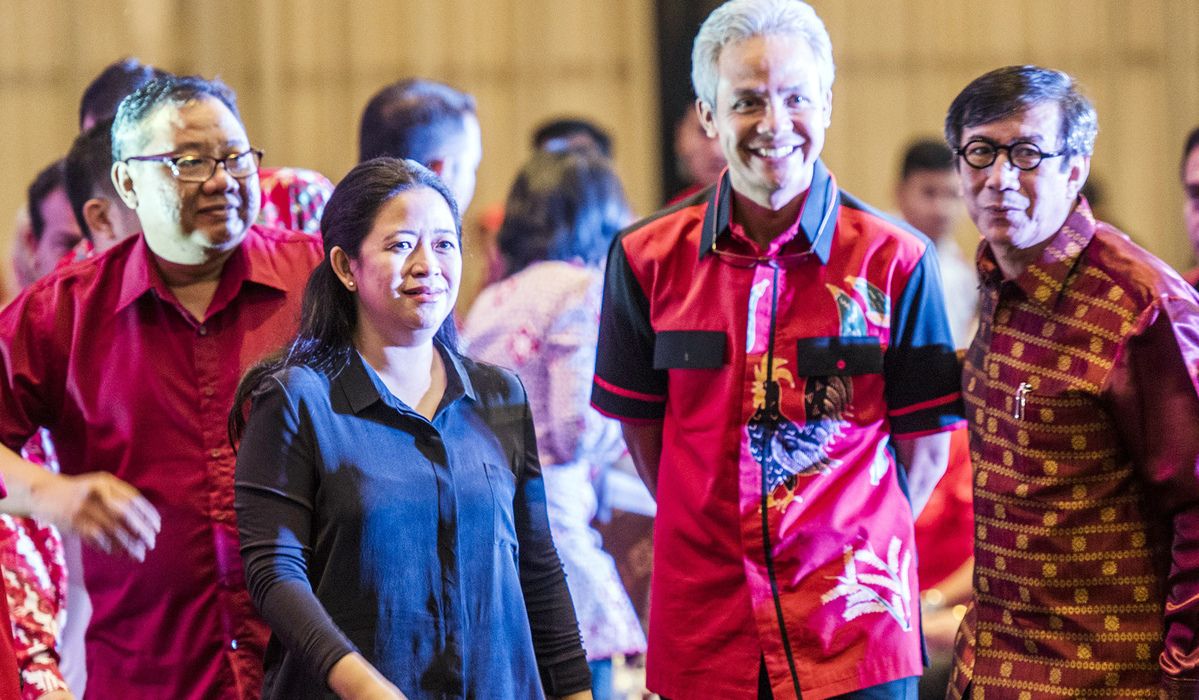 Ketua DPP PDIP Puan Maharani, capres Ganjar Pranowo, dan Menkumham Yasonna Laoly