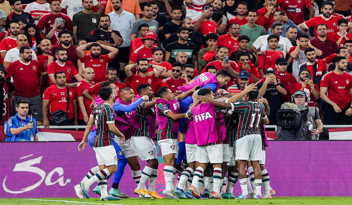 Para pemain Fluminense melakukan selebrasi usai mencetak gol ke gawang Ahl Ahly di laga Piala Dunia Antarklub.