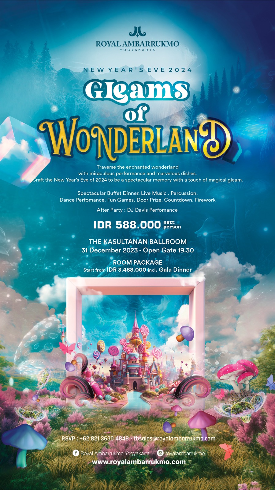 Royal Ambarrukmo Yogyakarta menghadirkan “Gleams of Wonderland” untuk memeriahkan malam tahun baru 2024.