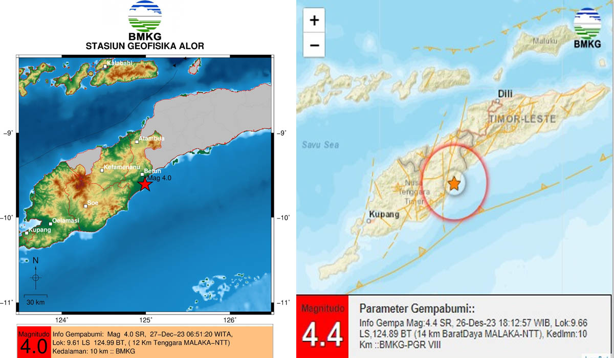 Dua gempa tektonik mengguncang Kabupaten Malaka, Nusa Tenggara Timur, Selasa (26/12) dan Rabu (27/12).