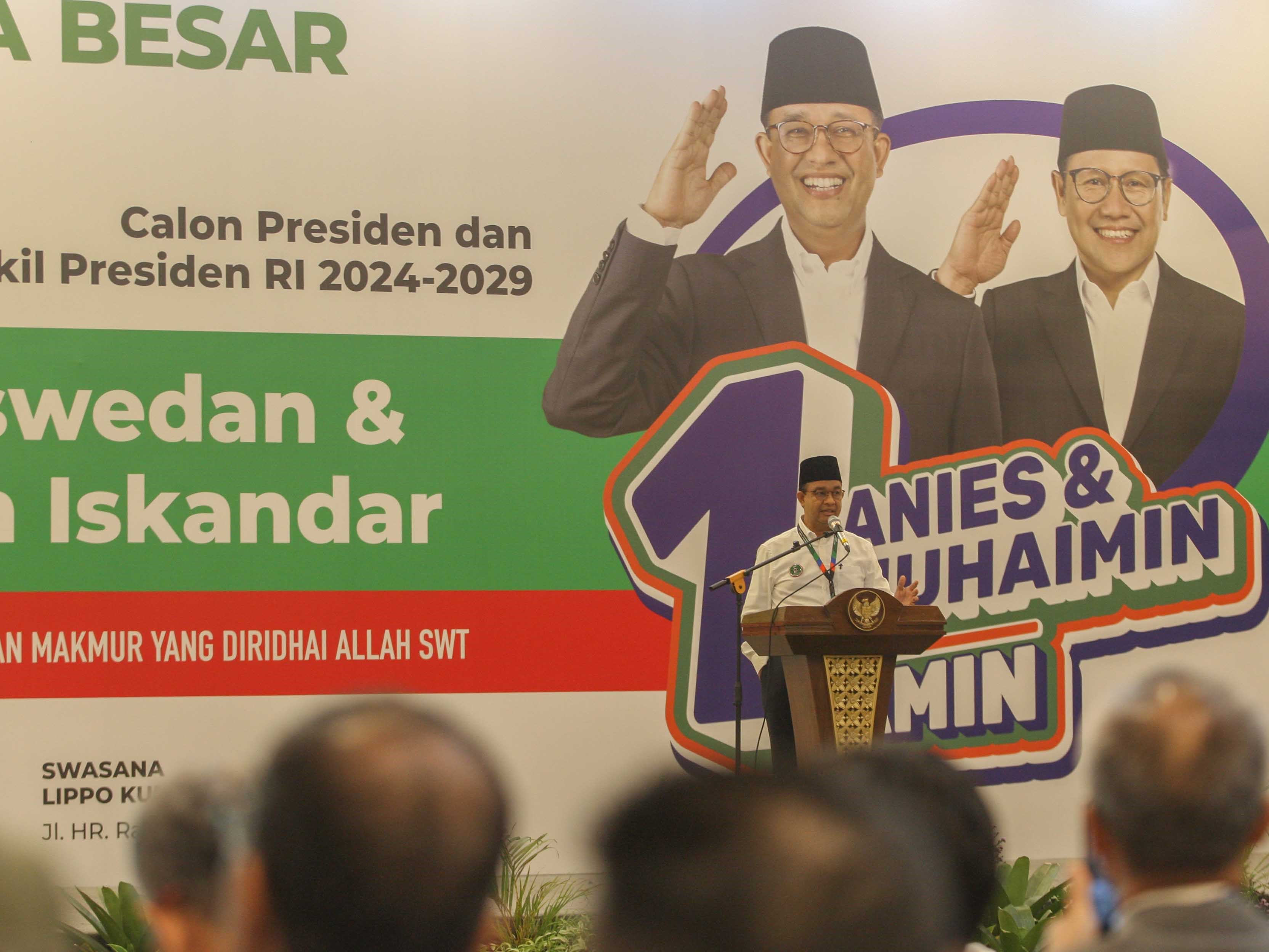 Calon presiden nomor urut 1 Anies Baswedan menyampaikan orasi politik saat deklarasi dukungan Keluarga Besar Himpunan Mahasiswa Islam.