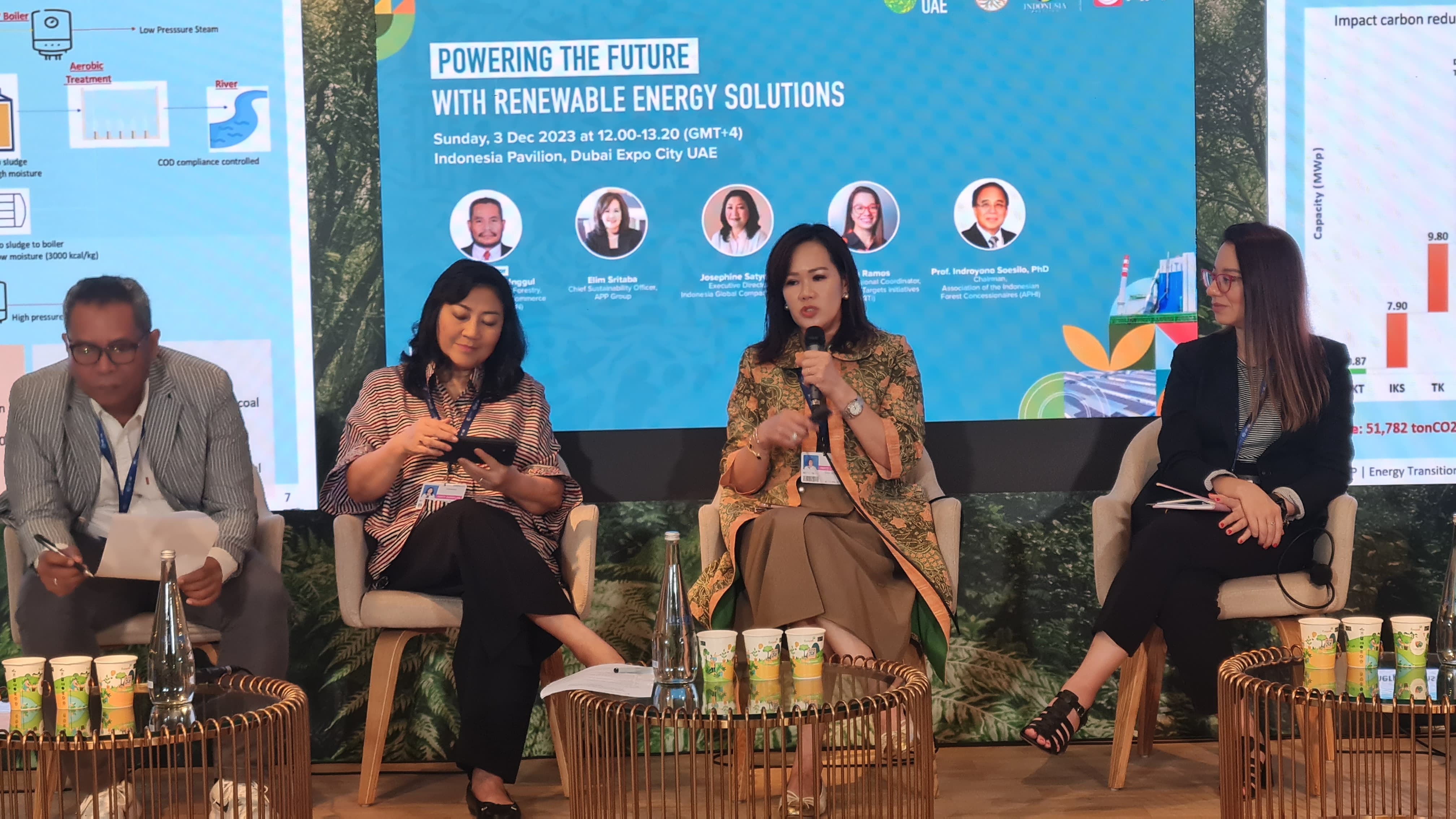 Diskusi panel bertajuk 'Powering the Future with Renewable Energy Solutions' pada konferensi perubahan iklim COP28 UNFCCC di Dubai.