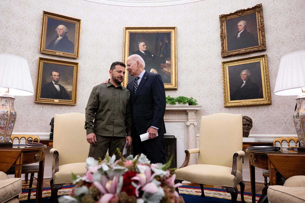 Pertemuan Presiden AS Joe Biden dan Presiden Ukraina Volodymyr Zelensky, ke Gedung Putih, pada September 2023.