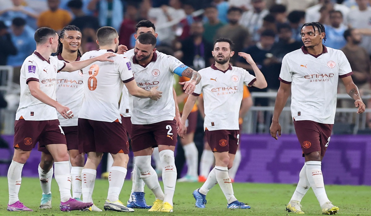 Pemain Manchester City melakukan selebrasi usai mencetak gol ke gawang Urawa Reds di laga semifinal Piala Dunia Antarklub