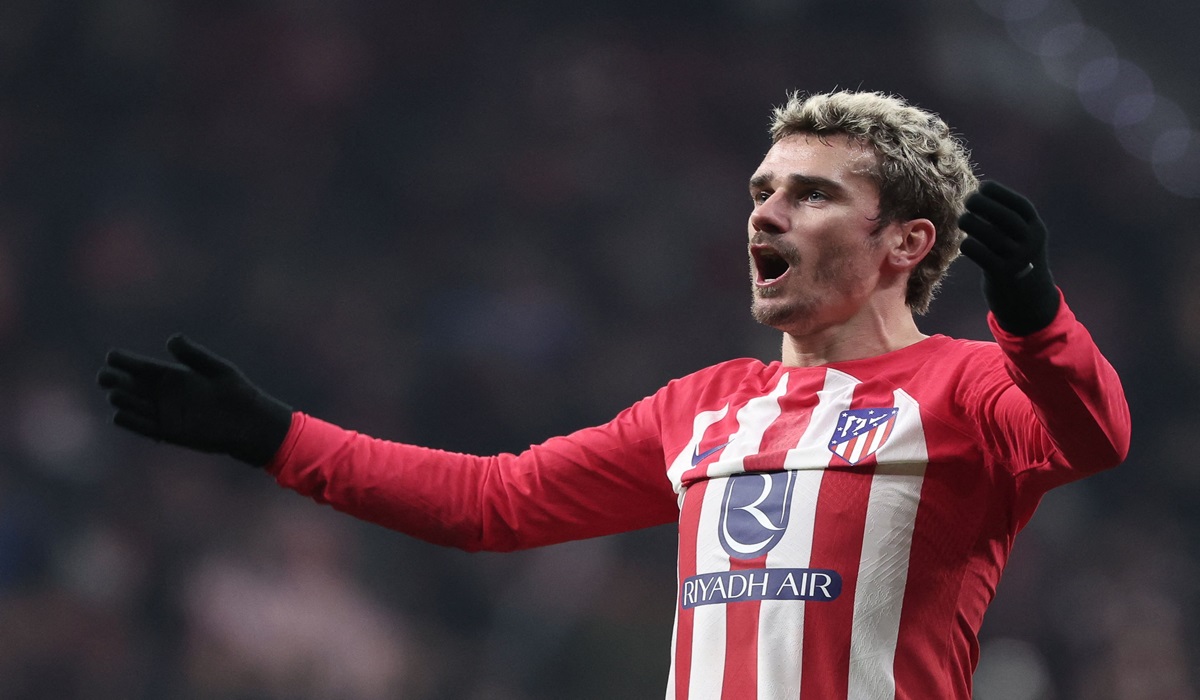 Penyerang Atletico Madrid Antoine Griezmann melakukan selebrasi usai mencetak gol ke gawang Getafe di laga La Liga.