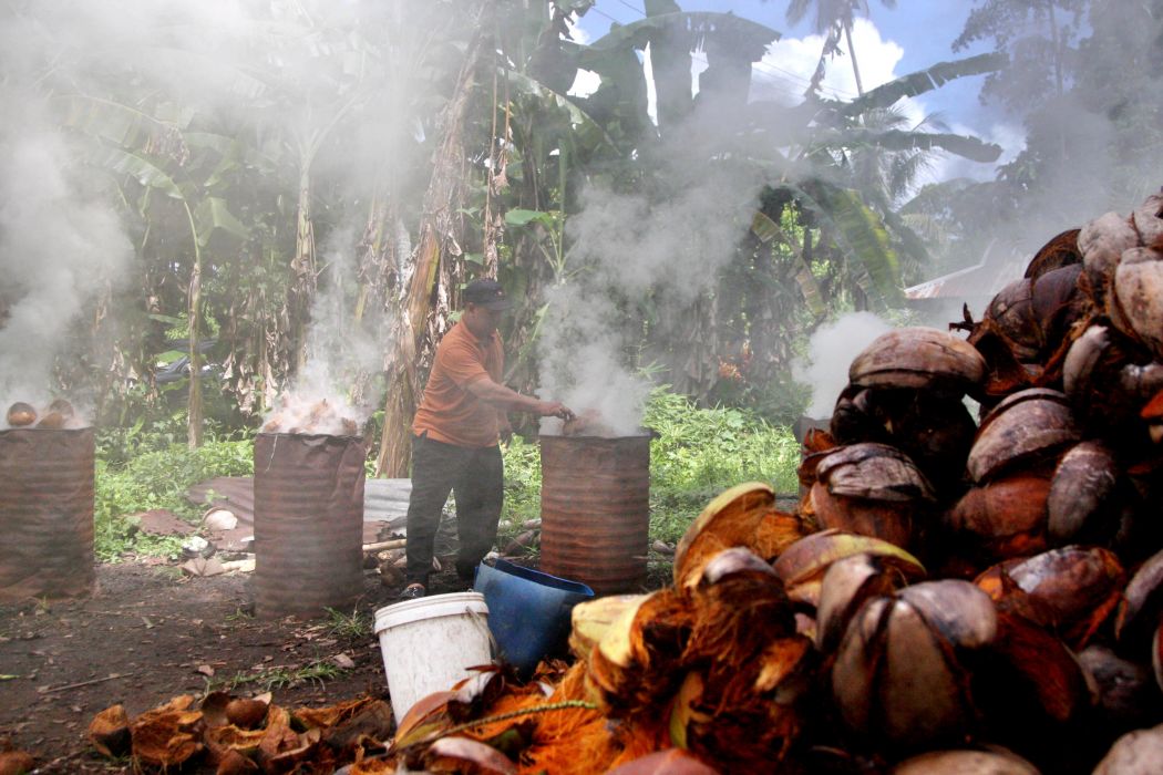 Ilustrasi: pekerja tengah membakar batok kelapa agar menjadi arang
