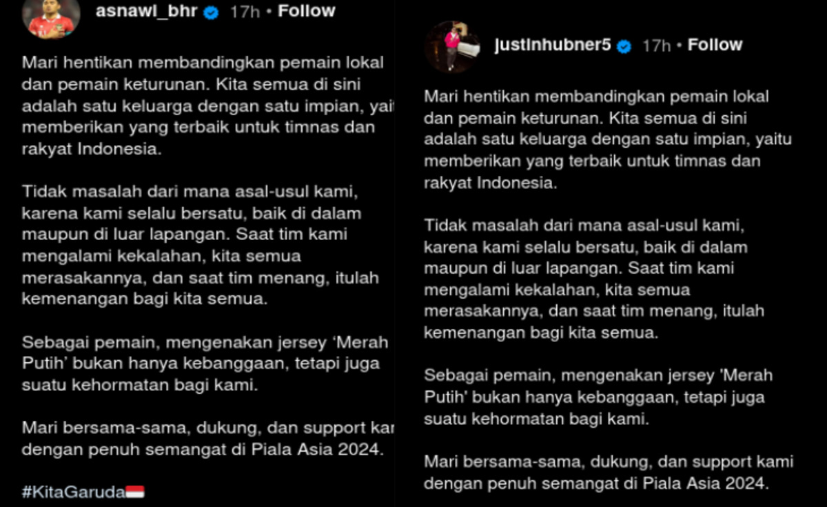 Unggahan pemain TImnas Indonesia soal pemain lokal dan naturalisasi.