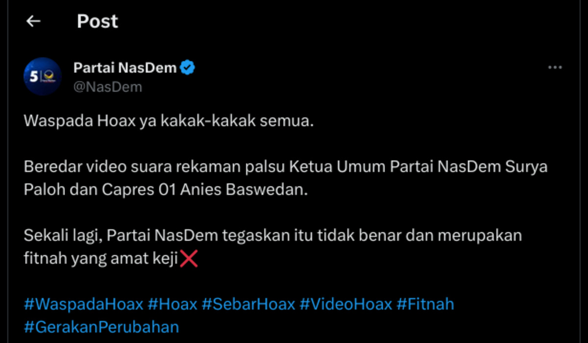 Unggahan akun X/Twitter Partai NasDem soal hoaks perbincangan Anies Baswedan dan Surya Paloh.