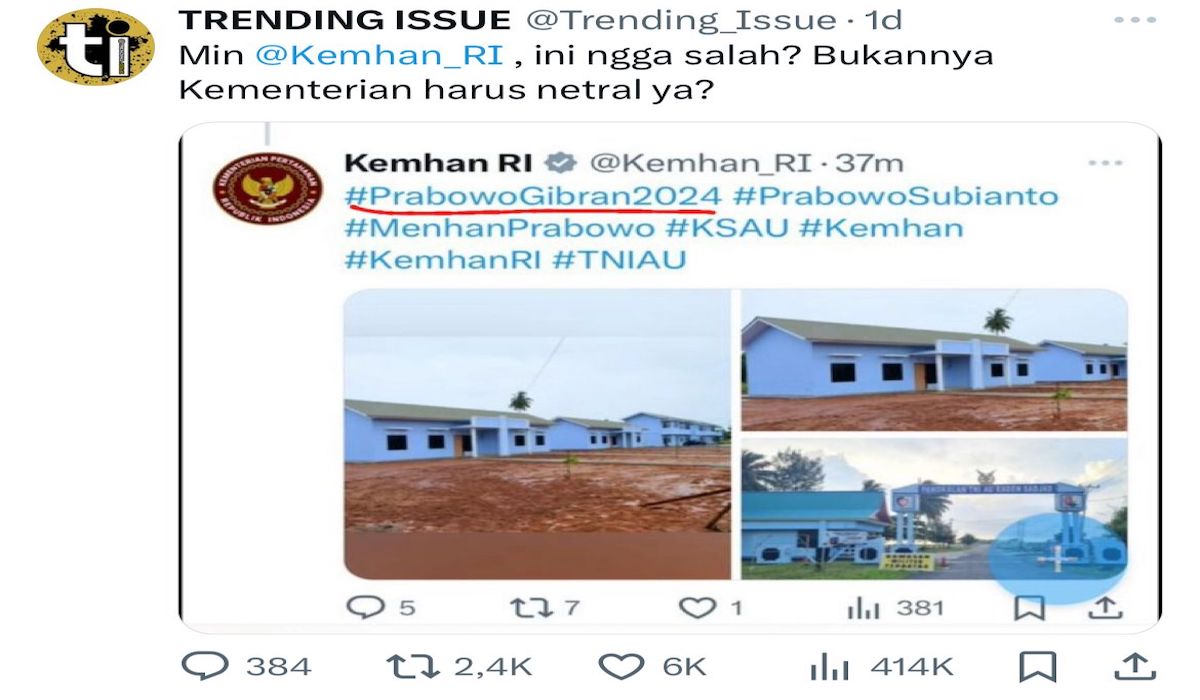 Akun media sosial X (Twitter) Kementerian Pertahanan diduga memposting tagar PrabowoGibran2024
