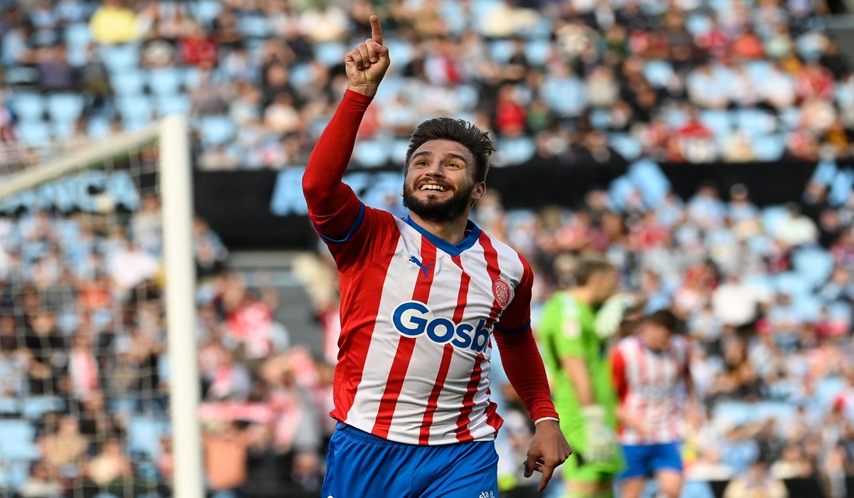 Penyerang Girona Portu melakukan selebrasi usai mencetak gol ke gawang Celta Vigo di laga La Liga.