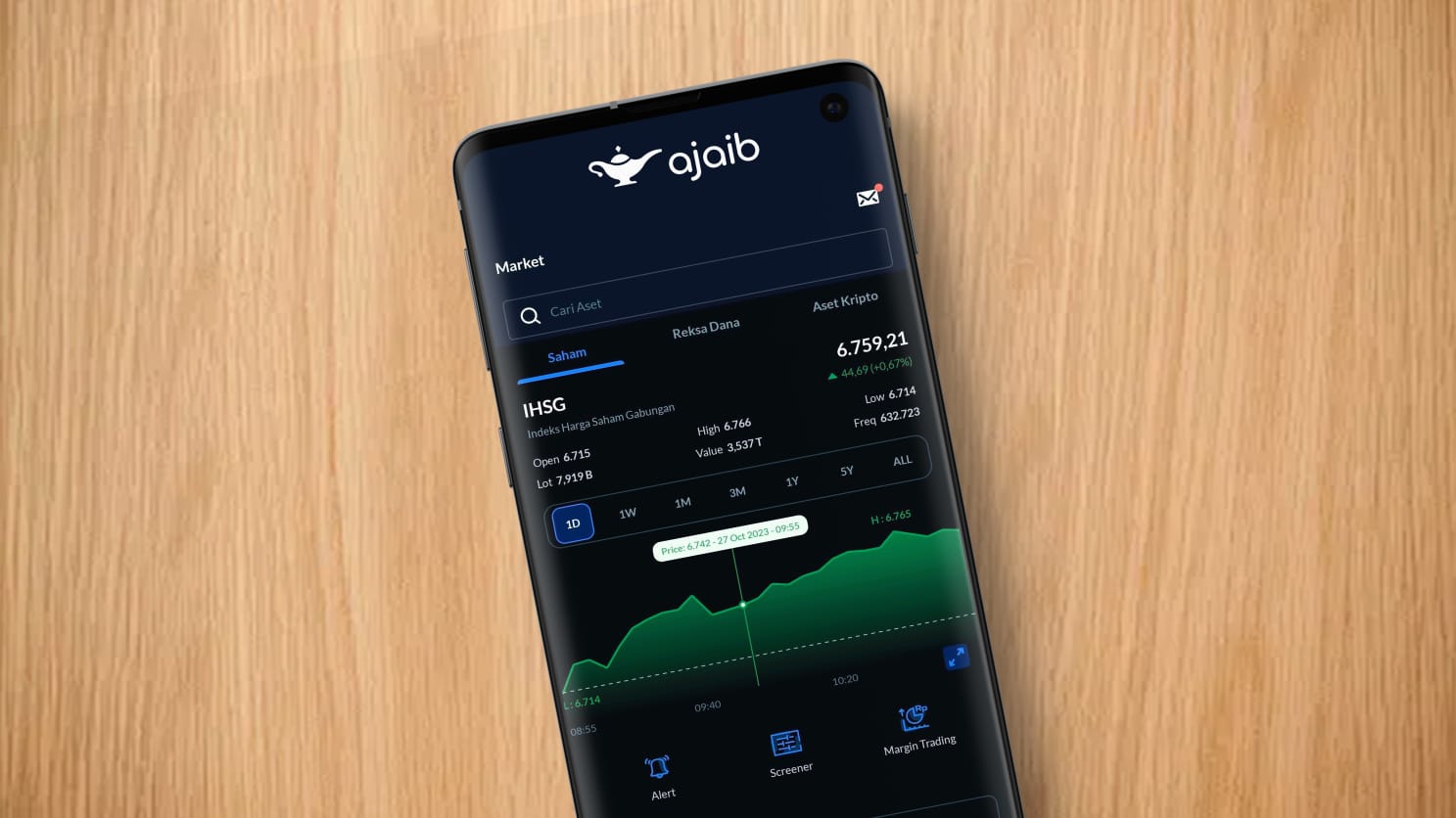 Aplikasi platform investasi Ajaib pada layar smartphone. 