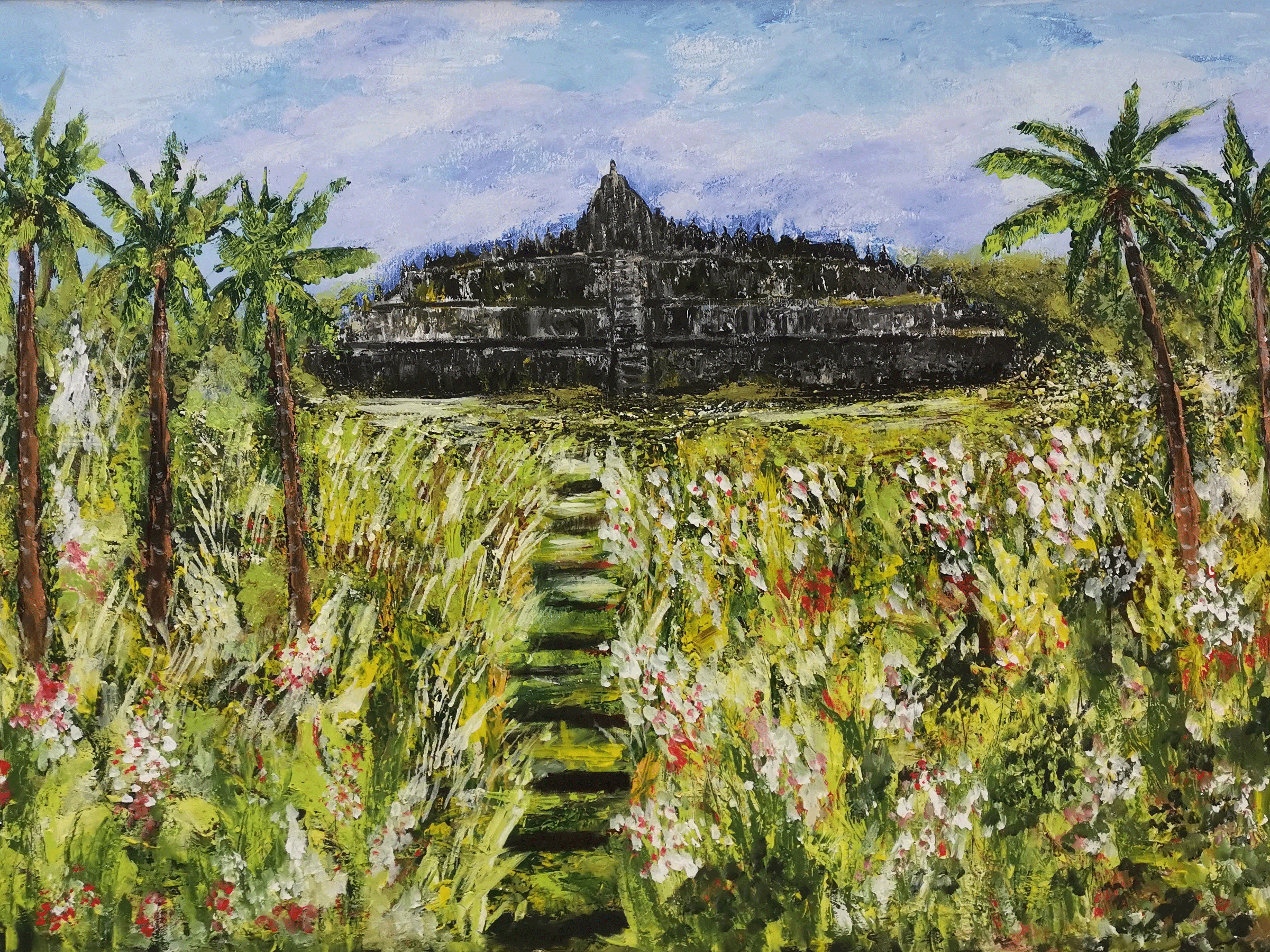 Wiwik Oratmangun, Borobudur Temple, akrilik di atas kanvas, 80 x 120 cm.