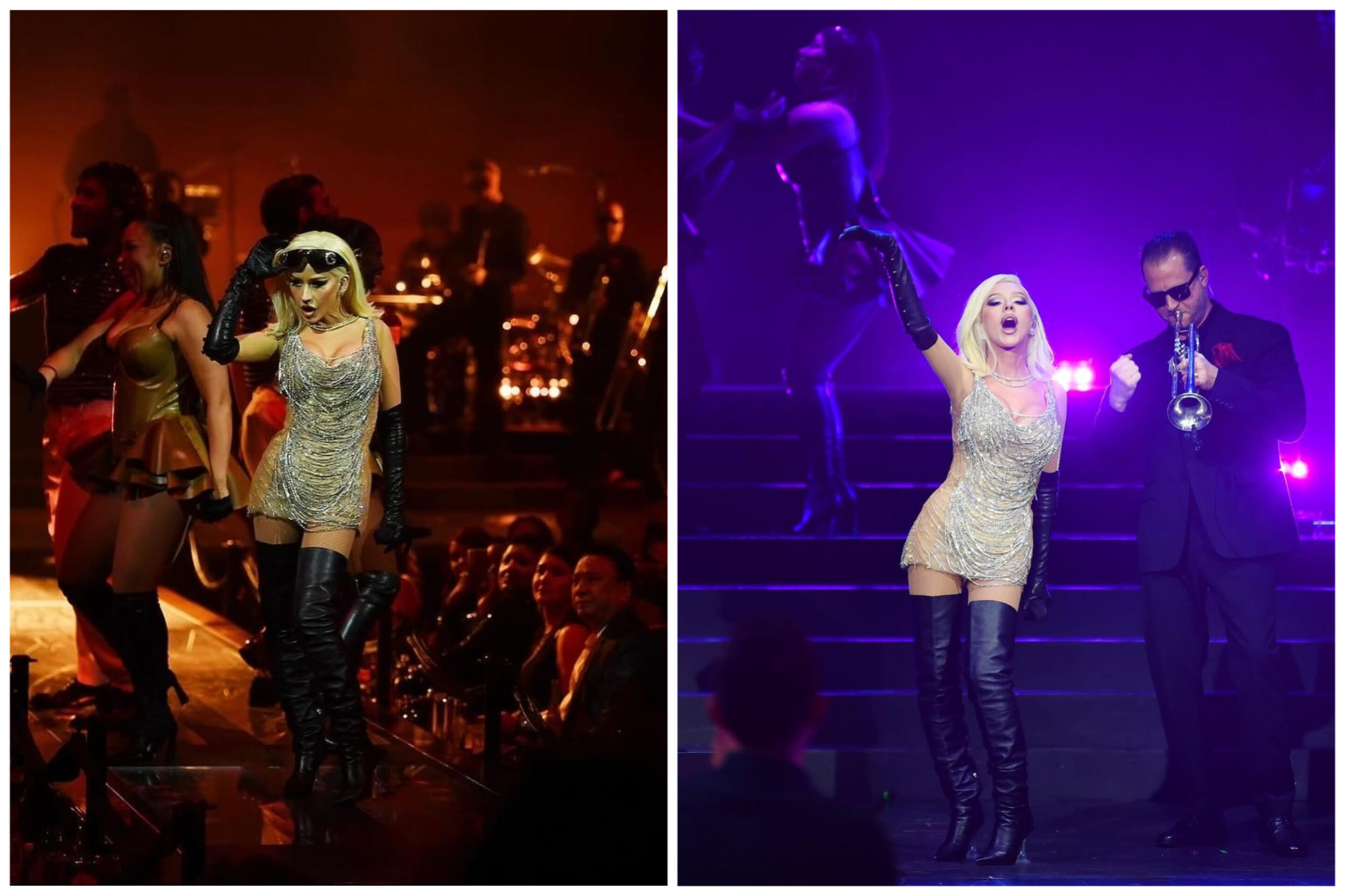 Penyanyi Christina Aguilera memakai busana rancangan desainer Yogie Pratama saat konser di malam pergantian tahun kemarin, di Las Vegas. 