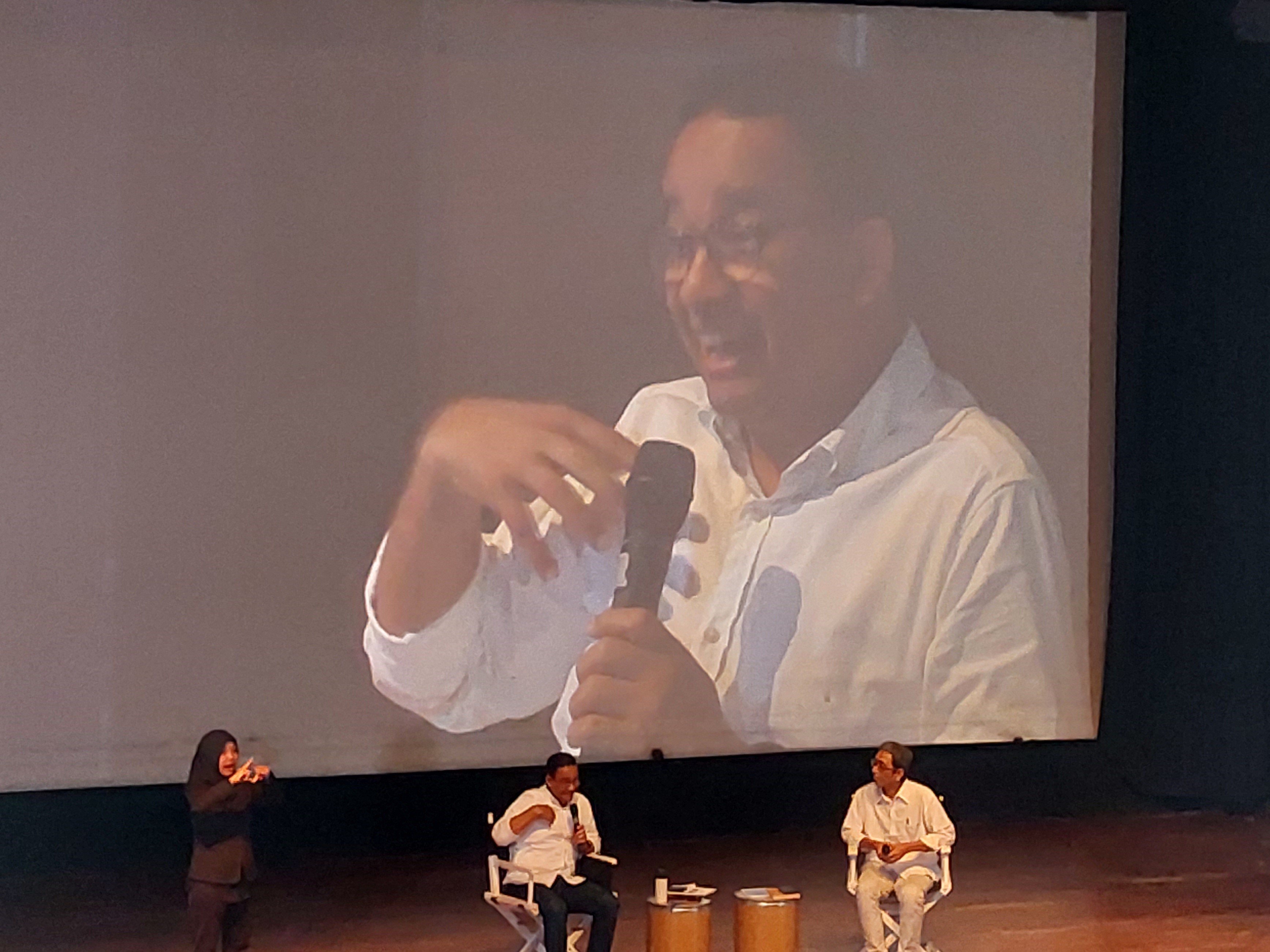 Anies Baswedan dalam diskusi di Gedung Pusat Perfilman Usmar Ismail, Jakarta Pusat, Sabtu, 20 Januari 2024.