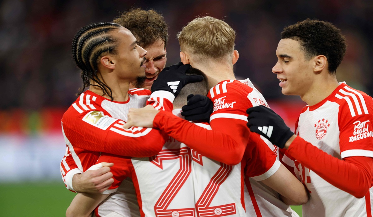 Para pemain Bayern Muenchen melakukan selebrasi usai mencetak gol ke gawang Union Berlin di laga Bundesliga.