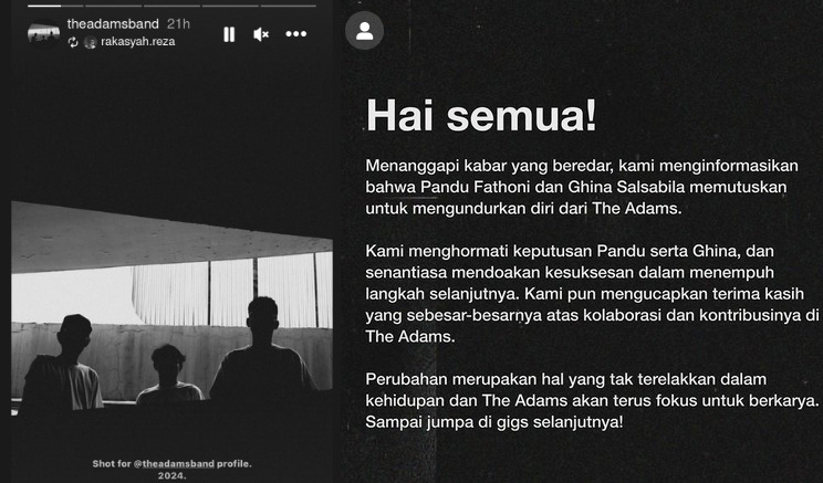 Tangkapan layar Instagram Story dan Feed band The Adams.