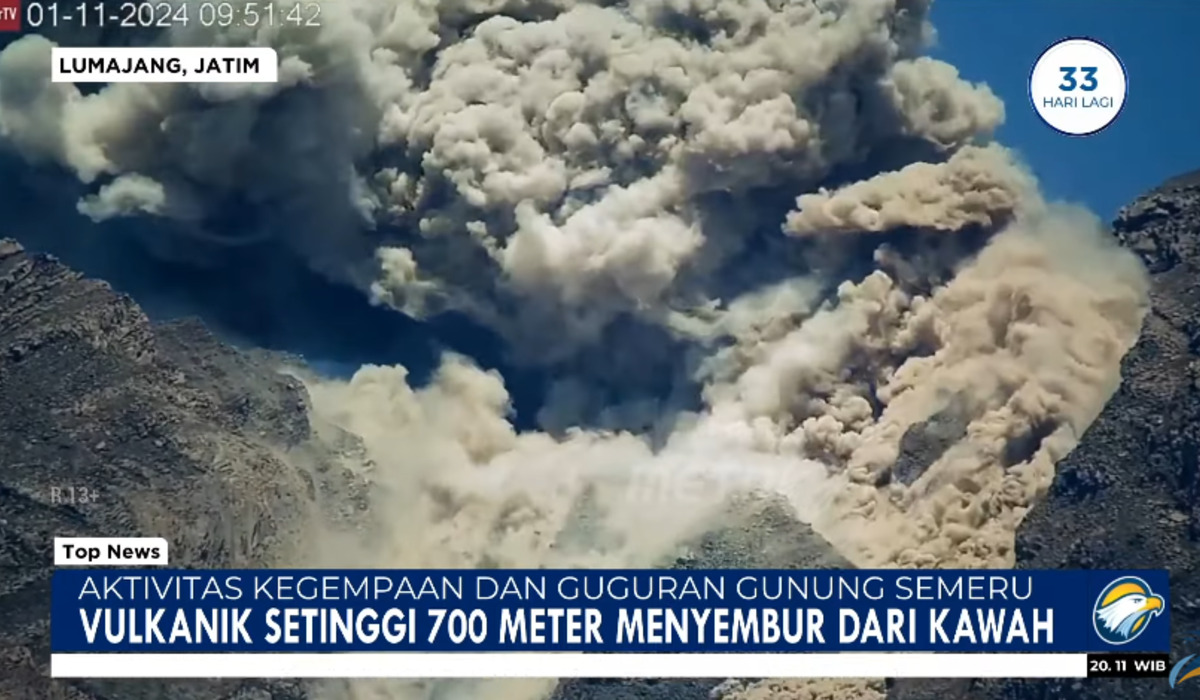 Aktivitas vulkanik gunung Semeru, di Jawa Timur, pada 12 Januari 2024.