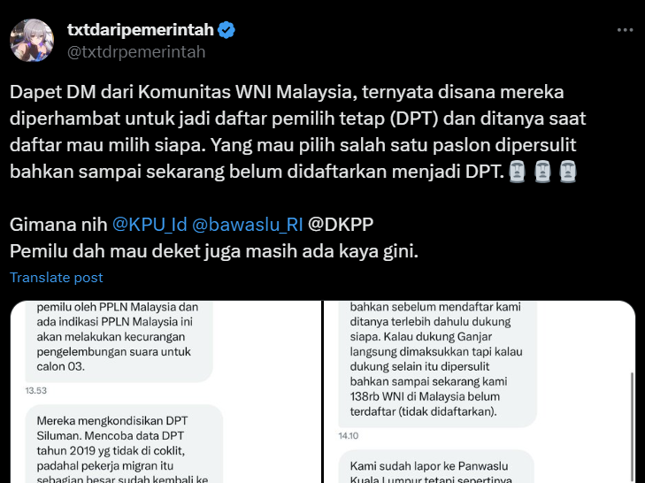 Sejumlah Warga Negara Indonesia (WNI) di Malaysia mengaku kesulitan mengikuti pemilihan umum (pemilu)