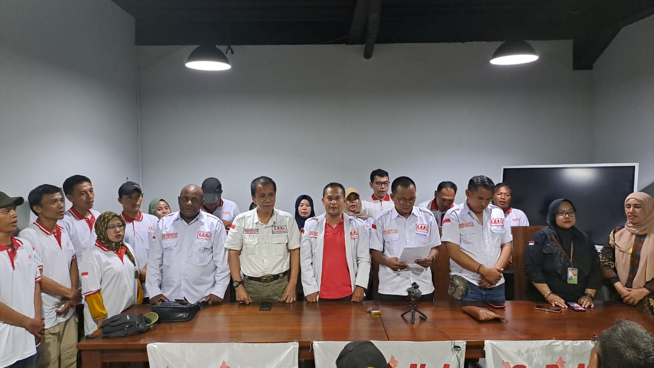  Serikat Buruh Nasionalis Indonesia (SBNI) secara resmi mendeklarasikan dukungan kepada pasangan AMIN di Jakarta, Jumat (26/1/2024). 