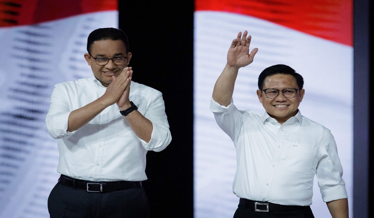 Pasangan capres-cawapres Anies Baswedan-Muhaimin Iskandar di debat cawapres kedua