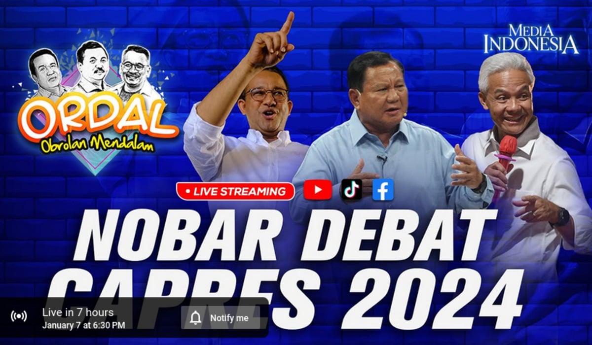 Menuju siaran langsung debat capres ketiga di kanal YouTube Media Indonesia, Minggu, 7 Januari 2024, jam 7 malam.