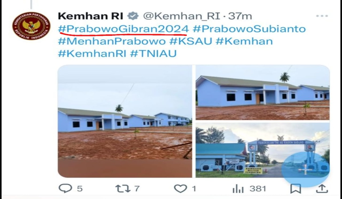 Akun Medsos X Kemenhan mengunggah tanda pagar PrabowoGibran2024