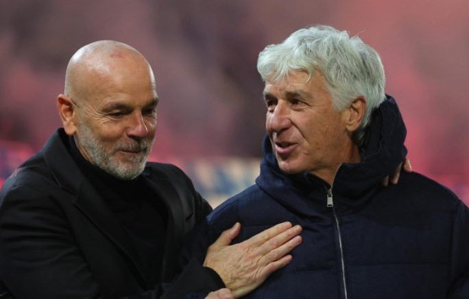 Pelatih Milan Stefano Pioli (kiri) dan pelatih Atalanta Gian Piero Gasperini. 