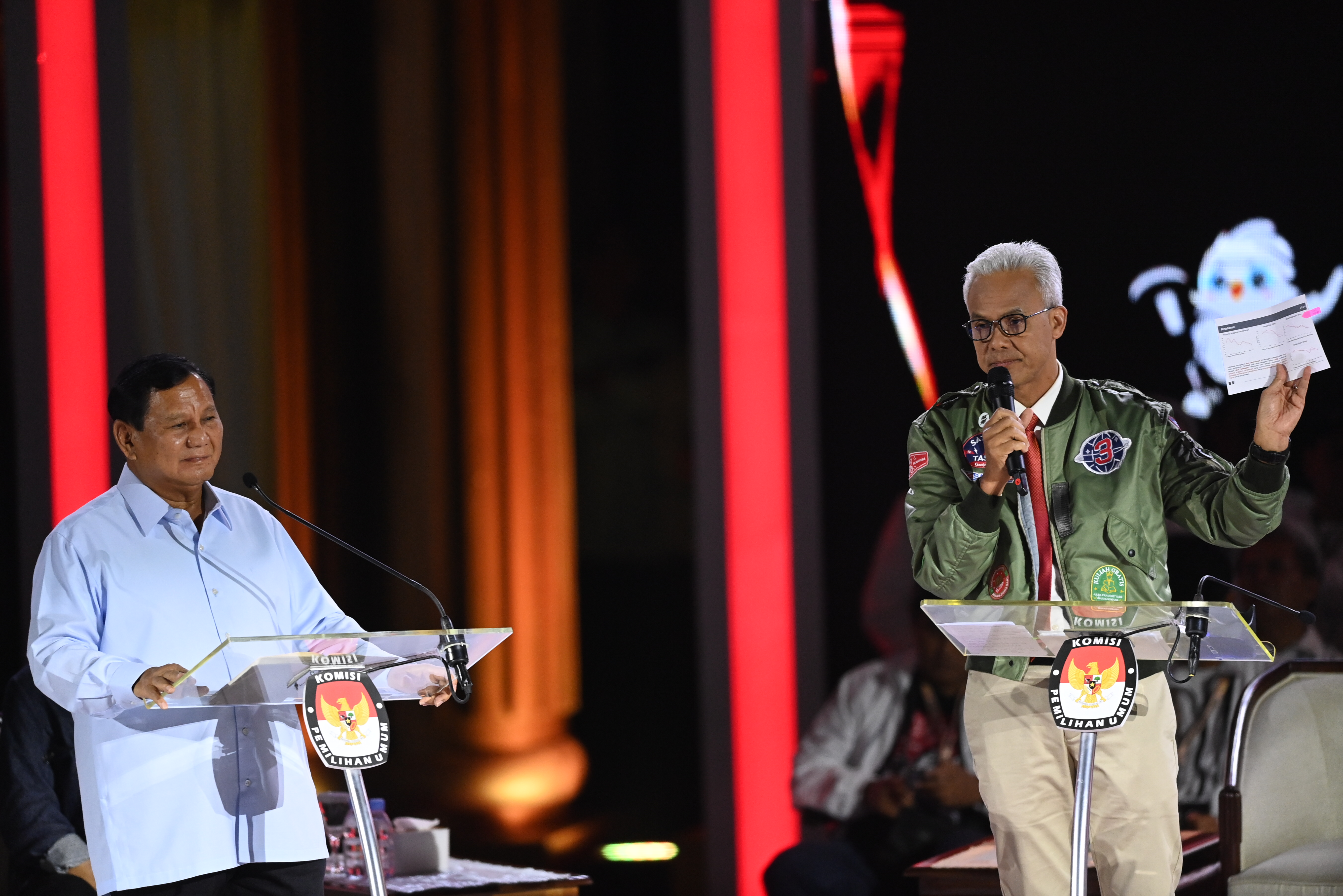 Capres nomor urut tiga Ganjar Pranowo (kanan) menyampaikan pendapat disaksikan capres nomor urut dua Prabowo Subianto